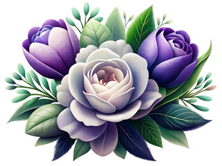 Elegant Floral Arrangement Featuring Purple Tulips and a Cream Rose for Artistic Design Projects