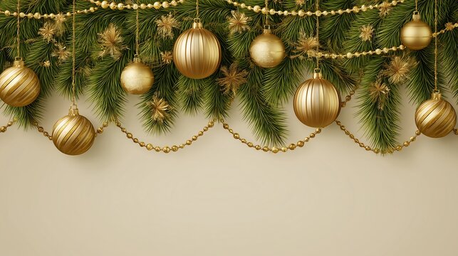 Horizontal banner with christmas tree garland and ornaments. Hanging gold balls and ribbons. Great for flyers, posters, headers
