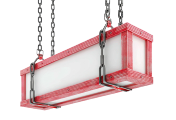 Hanging red-trimmed box suspended by chains, low angle against black
