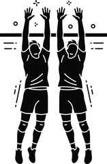 Volleyball players silhouetted mid jump reaching for the ball