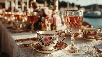 Fototapeta premium Table setting with teacups flowers and a glass of liquid near water.