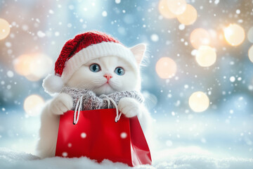 Christmas cat holding shopping bag.
