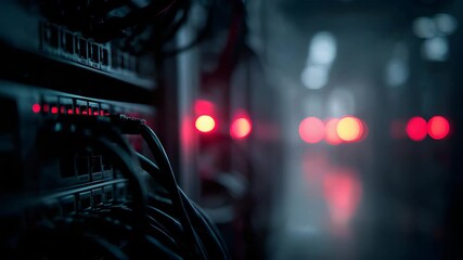 Vital network activity pulsing through server room cables, data streams flowing, connection points glowing red, signaling digital connectivity online - Powered by Adobe