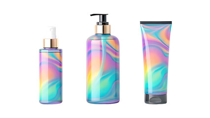 Cosmetic Product Set with Holographic Design Stylish Beauty Packaging for Skincare and Personal Care on Black Background