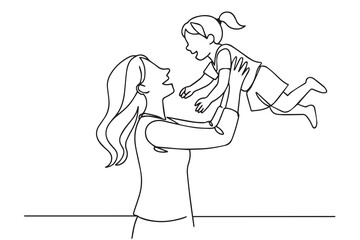 Black and white vector artwork of a mother playing while lifting her daughter, drawn with one continuous line showing affection and gentle connection.