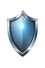Blue Shield with Metal Frame and Diagonal Lines Representing Protection Security and Defense Shining on a Black Background