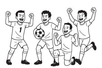 Naklejka premium Vector illustration of four soccer players celebrating victory together, drawn in dynamic black and white style capturing teamwork, emotion, and sporting triumph.