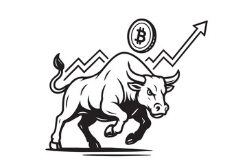 Vector illustration of a bullish market trend in cryptocurrency, featuring upward arrow graphs, blockchain technology elements, and symbols of global economic growth.