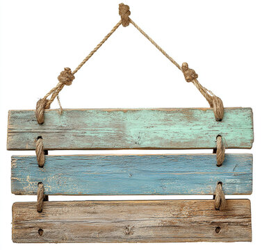 A rustic wooden sign with three horizontal planks, each painted in soft pastel colors of blue and green