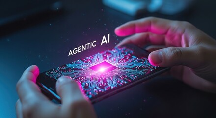 Hands using smartphone  showing holographic circuit board and “Agentic AI” text, virtual assistant system concept, deep neon blue and magenta lighting