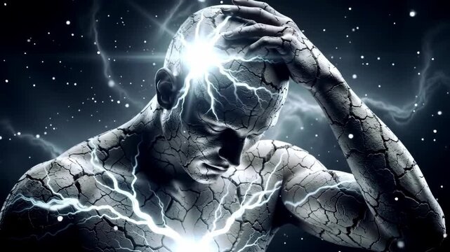 Gray Scaled Man with Cracks and Bright Lightnings Dark Background