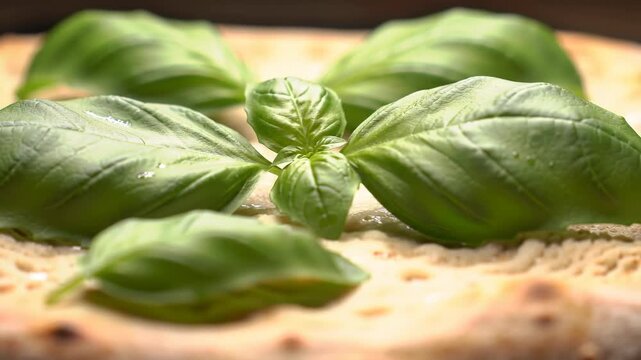 Close-up of flatbread with fresh green basil leaves, healthy food and vegetarian concept.