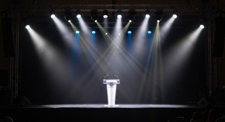 A collection of spotlights illuminating a stage, scene, and podium with bright, focused beams, creating a lens flare effect from lamps or stage lights.
