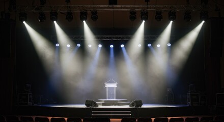 A collection of spotlights illuminating a stage, scene, and podium with bright, focused beams, creating a lens flare effect from lamps or stage lights.
