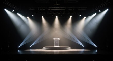 A collection of spotlights illuminating a stage, scene, and podium with bright, focused beams, creating a lens flare effect from lamps or stage lights.
