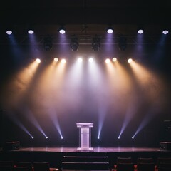 A collection of spotlights illuminating a stage, scene, and podium with bright, focused beams, creating a lens flare effect from lamps or stage lights.
