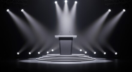 A collection of spotlights illuminating a stage, scene, and podium with bright, focused beams, creating a lens flare effect from lamps or stage lights.
