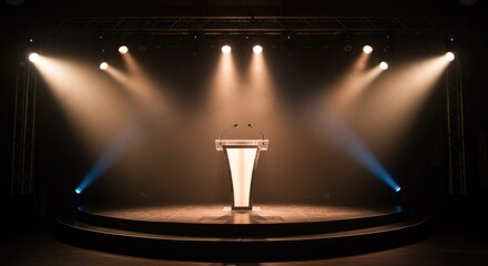A collection of spotlights illuminating a stage, scene, and podium with bright, focused beams, creating a lens flare effect from lamps or stage lights.
