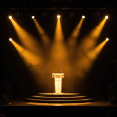 A collection of spotlights illuminating a stage, scene, and podium with bright, focused beams, creating a lens flare effect from lamps or stage lights.
