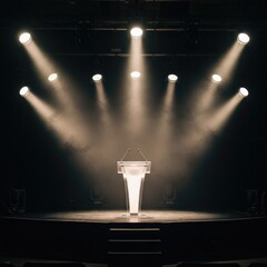 A collection of spotlights illuminating a stage, scene, and podium with bright, focused beams, creating a lens flare effect from lamps or stage lights.
