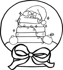 Coquette Preppy Christmas Bookish Reading outline, Stack of Books with Christmas Lights in Snowglobe Hand Drawn