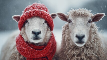 Adorable two sheep wearing warm red knitted scarf and hat in snowy winter landscape, cute farm animals dressed for cold weather in peaceful nature scene, perfect for christmas cards, holiday banners, 