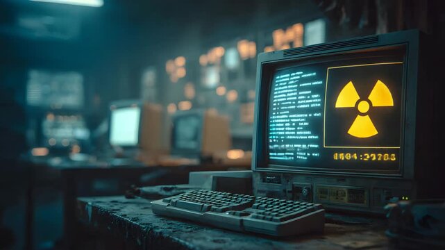Vintage computer displays radiation warning in a dark, gritty laboratory setting, evoking suspense and danger for a thriller or science fiction project