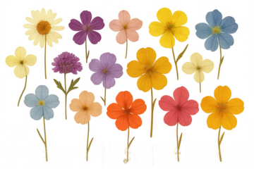 Collection of colorful pressed wildflowers, floral herbarium elements for creative design, transparent background