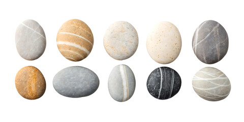 Assortment of Smooth Polished Stones with Natural Stripes and Textures on Black Backdrop Featuring Various Geological Patterns