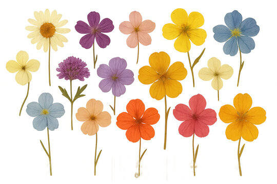 Collection of colorful pressed wildflowers, floral herbarium elements for creative design, transparent background