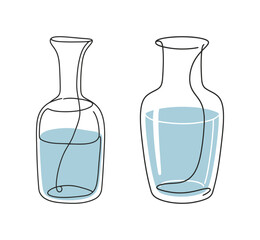 Set of Minimalist Glass Water Pitchers Continuous One Line Art with Blue Accent, Hand Drawn Vessel Illustration