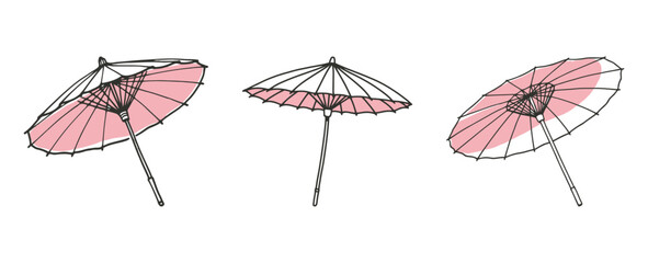 Set of Minimalist Japanese Paper Umbrellas Line Art with Pink Color Accent, Hand Drawn Asian Culture Illustration © Zhangxiao