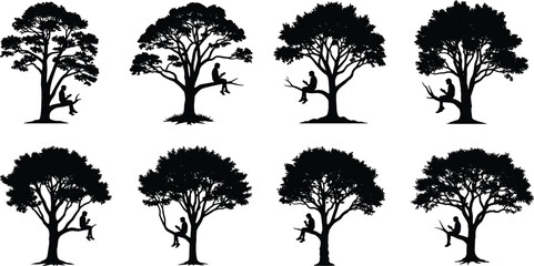 Tree silhouette set with people on branches, black vector nature illustration, emotional poses, artistic forest elements, minimal design, contemplative scene
