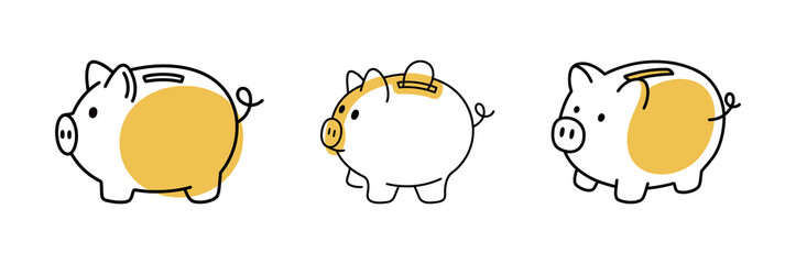 Set of Minimalist Piggy Bank Line Art with Yellow Color Accent, Hand Drawn Finance and Saving Illustration