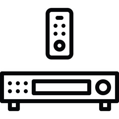 Minimalist Icon of a Black Remote Control Hovering Above a Black Stereo Receiver With A Transparent Background