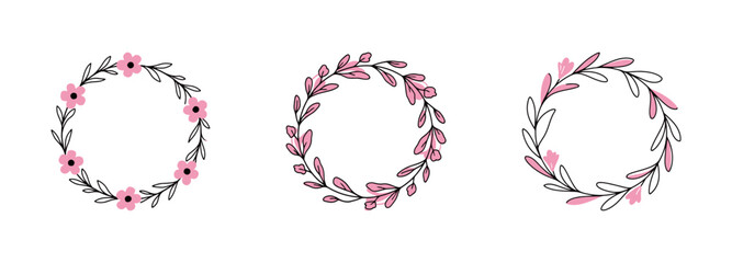Set of Minimalist Floral Wreaths Line Art with Pink Color Accent, Hand Drawn Botanical Frame Illustration