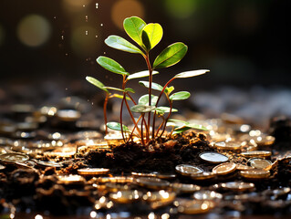 Plant Growing Among Coins Symbolizing Prosperity