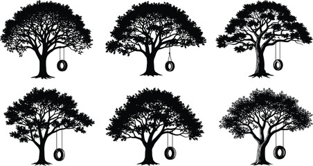 Tree with tire swing vector illustration, black silhouette artwork, nostalgic childhood design, decorative nature element, playful outdoor concept for summer, leisure and family themes