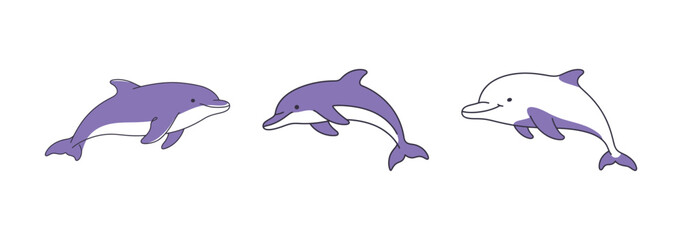 Continuous line art drawing of three friendly dolphins in purple and white minimal style, ocean life and marine animals vector illustration.