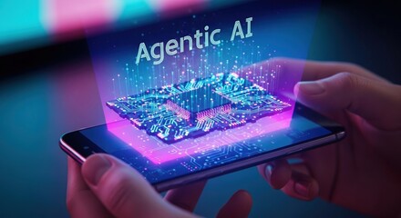 Hands using smartphone  showing holographic circuit board and “Agentic AI” text, virtual assistant system concept, deep neon blue and magenta lighting