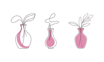 Continuous line art drawing of three vases with simple plant elements in pink color, minimalist floral decor vector illustration.
