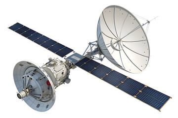 Detailed rendering of a space satellite orbiting the earth with solar panels and communication dishes showcasing advanced technology