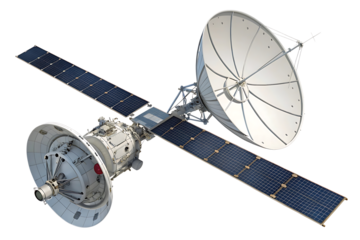 Detailed rendering of a space satellite orbiting the earth with solar panels and communication dishes showcasing advanced technology