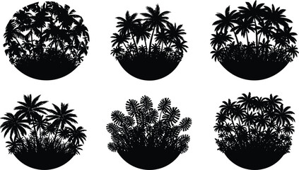Tropical tree silhouette vector set, circular jungle foliage designs, palm landscape illustration bundle for seasonal, decorative, environmental, and stock content