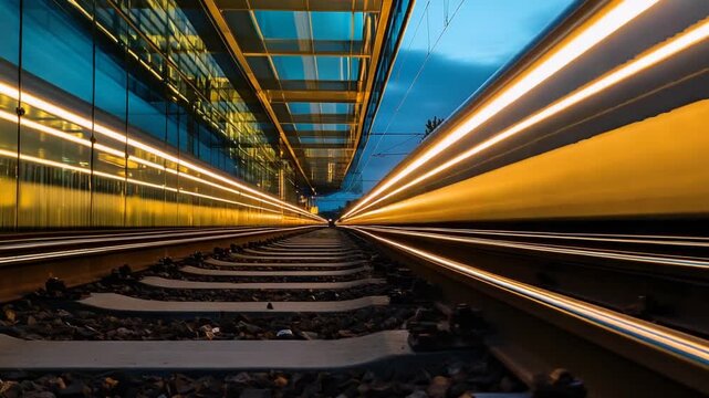 Train Tracks at Dusk with Streaking Lights.