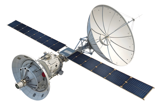 Detailed rendering of a space satellite orbiting the earth with solar panels and communication dishes showcasing advanced technology