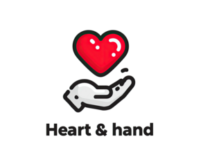 Stylized heart floating above open hand; bold, simple design on black