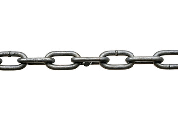 Strong Metal Chain Link Connecting Sections of Metallic Security Durable Element with Black Background Close Up View