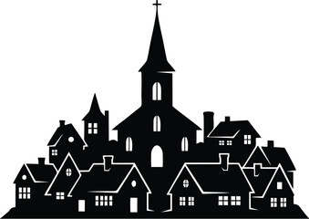 Fototapeta premium Silhouette illustration of a small town featuring houses and a prominent church with a steeple.