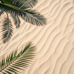 Palm leaves on textured sand aerial view tropical beach vacation vibes relaxing summer backdrop advertising design element